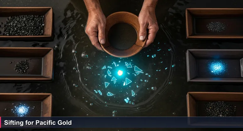 Weathered hands hold a wooden prospecting pan in a New Caledonian river, with a glint of gold in the cloudy water and sediment.