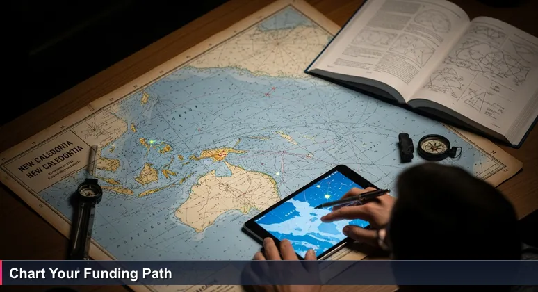 A nautical chart of the Pacific with a GPS tablet overlaying funding pathways for tech training in New Caledonia, centered on Nouméa.