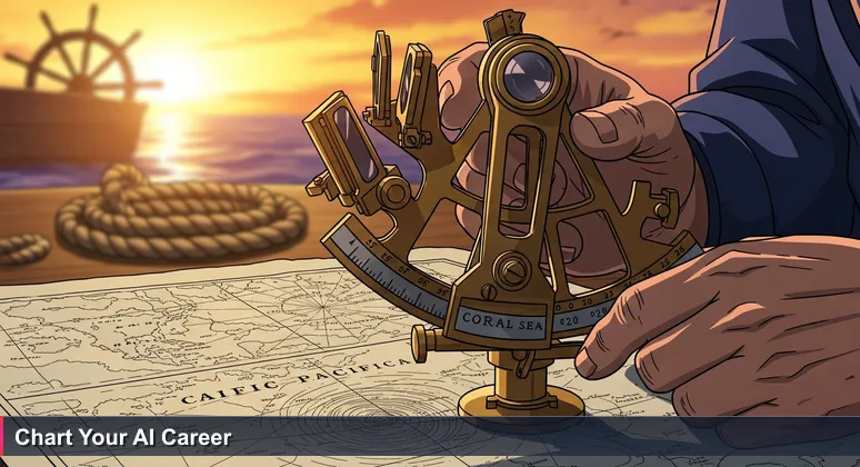 A weathered sailor's hand carefully adjusts a sextant on a nautical chart of New Caledonia's Pacific waters at sunset.