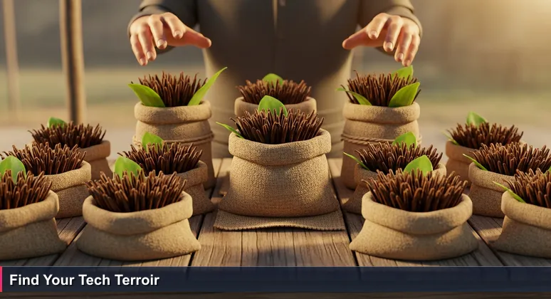 Close-up of hands hovering over identical bags of vanilla beans at a Nouméa market stall, symbolizing the challenge of choosing a tech career path in New Caledonia.