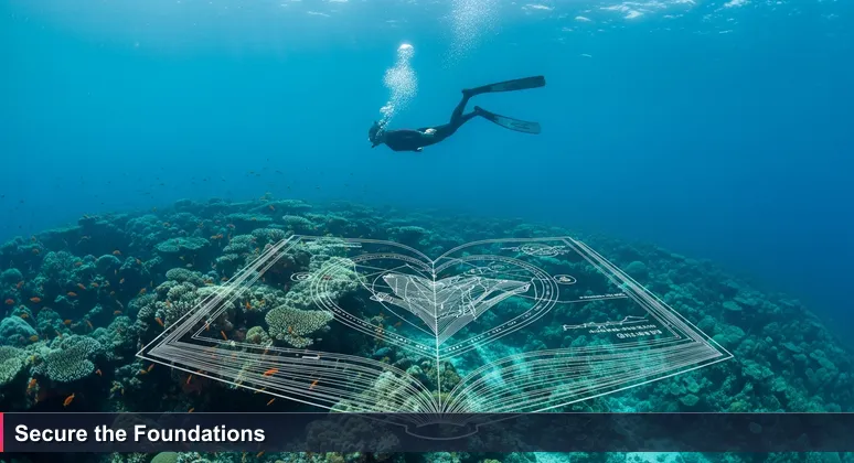 A freediver explores the deep coral reef of New Caledonia's lagoon, symbolizing hidden cybersecurity careers in foundational industries like nickel mining and telecom.