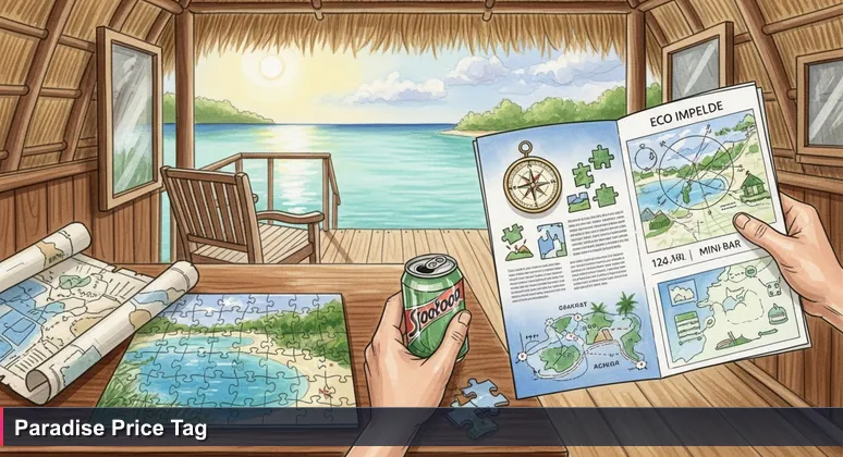 A tourist in a thatched-roof bungalow overlooking a turquoise lagoon, holding a travel brochure and an expensive soda can, symbolizing the clash between paradise dreams and real costs.