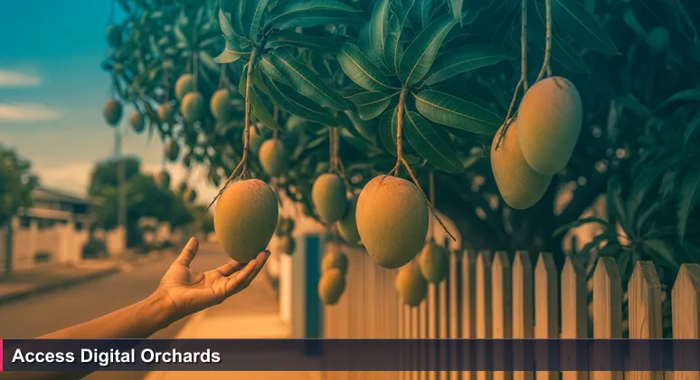 A hand reaching for a ripe mango on a tree over a fence in Nouméa, symbolizing accessible tech training opportunities.