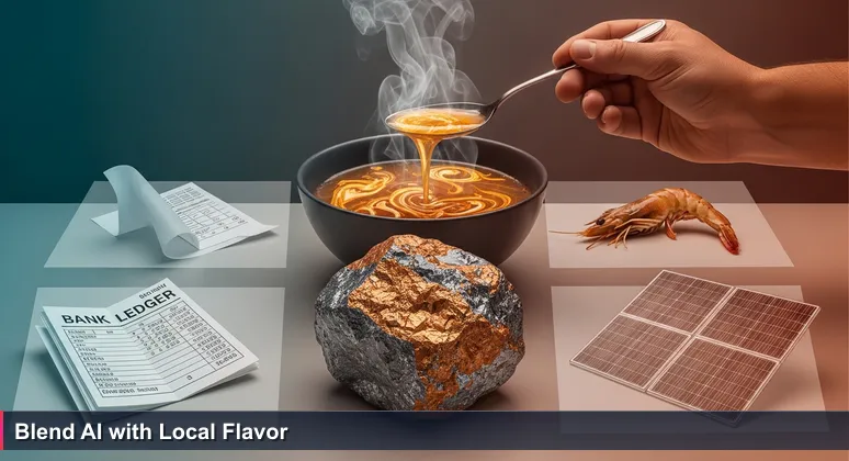 A chef's hand tasting a steaming broth in a Nouméa kitchen, with symbolic items: nickel ore for mining, shrimp for aquaculture, a ledger for finance, and solar panels for energy.