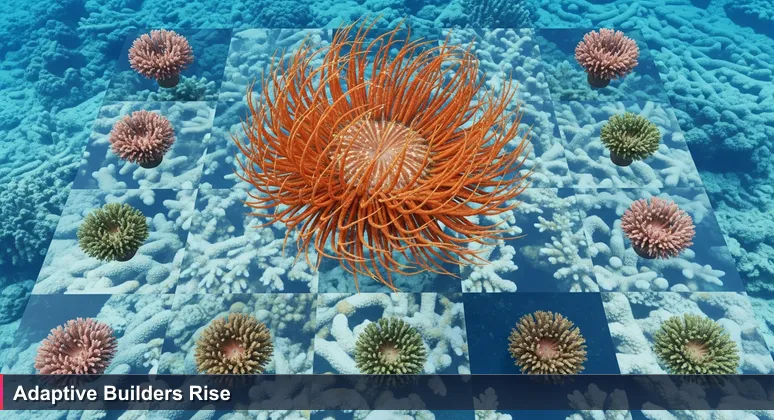 A vibrant coral polyp actively building on a reef with bleached coral in the background, symbolizing resilient junior developer opportunities in New Caledonia's tech startups.