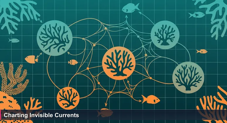 A detailed map of a New Caledonian coral reef with hand-drawn lines showing symbiotic connections between organisms, symbolizing the interconnected women in tech ecosystem.