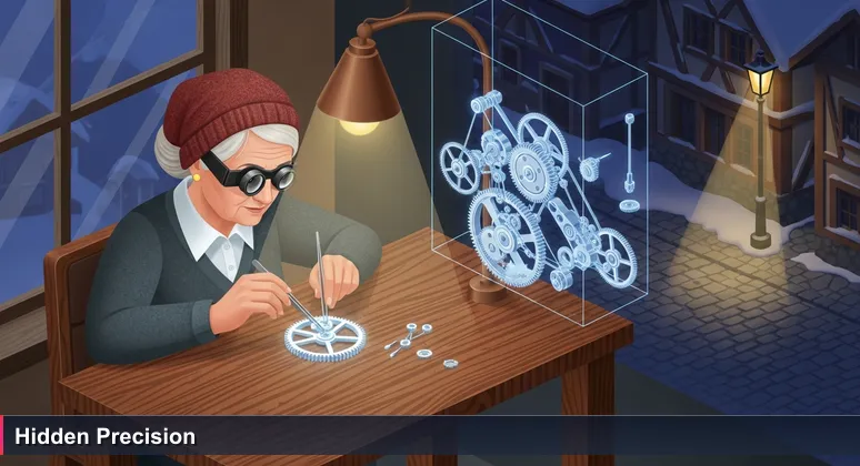 Elderly watchmaker adjusting a tiny gear with tweezers in a dimly lit workshop, with a quiet Alpine village street visible through the window.