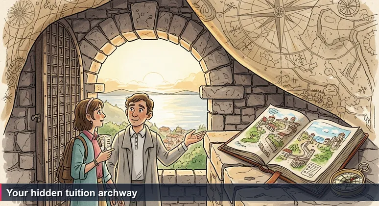 A stone archway in San Marino's old city, half-hidden, with a local resident gesturing toward it and a visitor realizing they've walked past this entrance dozens of times