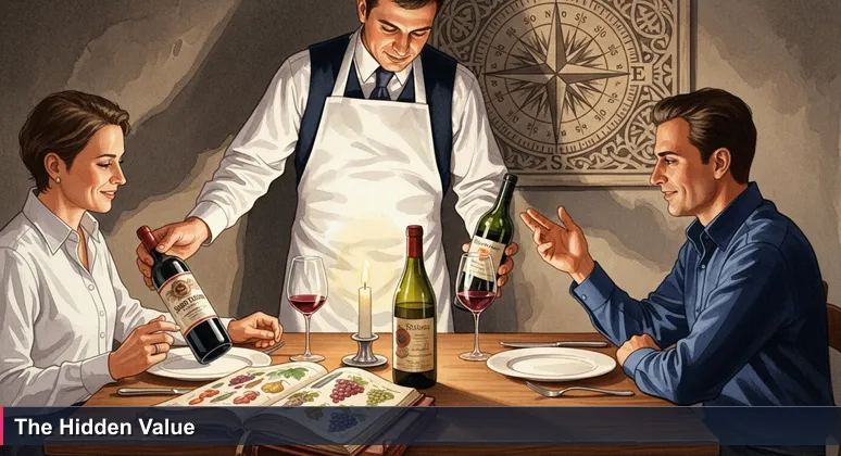 Sommelier in Bologna replacing a famous Super Tuscan wine with an unassuming bottle at a candlelit table, symbolizing hidden value.