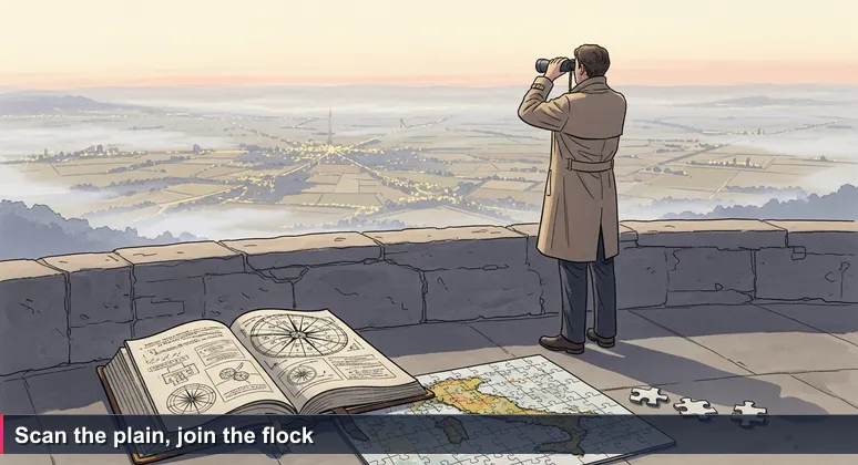A lone figure stands on the Cesta fortress parapet at dawn, binoculars raised, scanning the foggy Emilia-Romagna plain dotted with distant city lights, symbolizing a San Marino AI professional seeking opportunities.