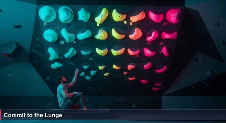 A climber at the base of an indoor climbing wall, one hand reaching toward a distant first hold, body coiled in anticipation of the lunge.
