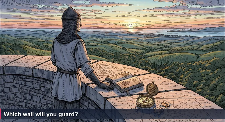 Medieval guard on San Marino's Torre Guaita at sunset, overlooking the valley toward the lights of Rimini and Bologna.