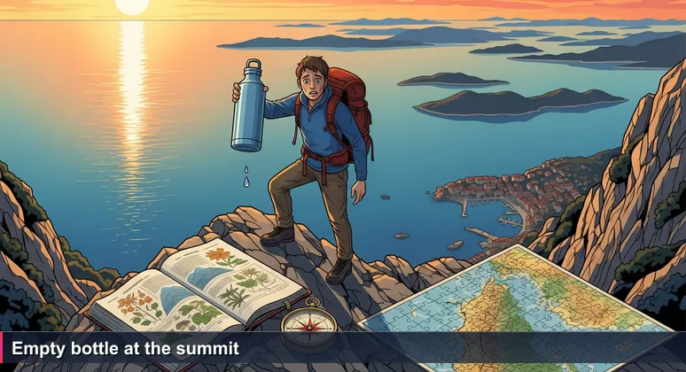 Hiker on rocky summit at golden hour, holding empty water bottle upside down, overlooking Adriatic. Expression of awe and worry.