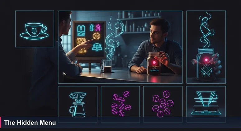 A patron at a café counter pointing at a handwritten chalkboard sign hidden below the main menu, with a barista nodding subtly. The scene conveys insider knowledge and hidden opportunity.