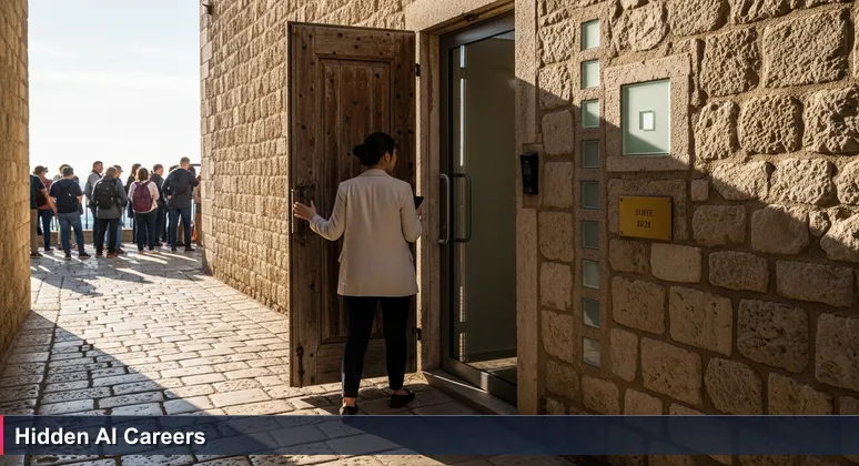 A young professional in a linen blazer steps through a weathered wooden door in a medieval stone wall, turning away from tourists towards a hidden glass door in San Marino.