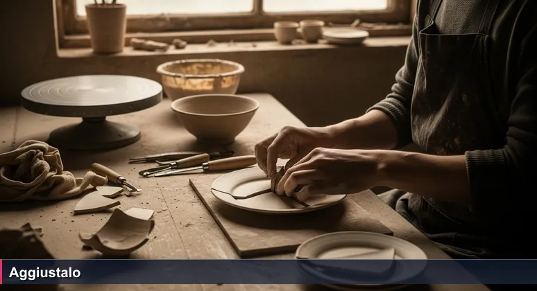 Apprentice hands repairing a broken ceramic plate on a workbench in a sunlit workshop at the foot of Monte Titano
