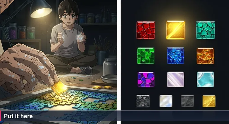 Elderly mosaic artisan's weathered hands holding a single golden glass tile over an incomplete mosaic, young apprentice in background watching intently, warm workshop lighting.