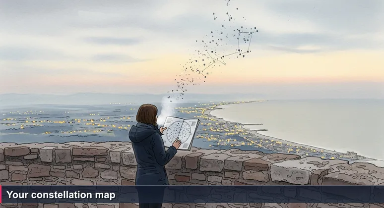 A woman stands on the ancient stone ramparts of Guaita tower at dawn, holding an open star chart against the climbing sun. Her silhouette is small against the city lights of Rimini and the Adriatic coast.