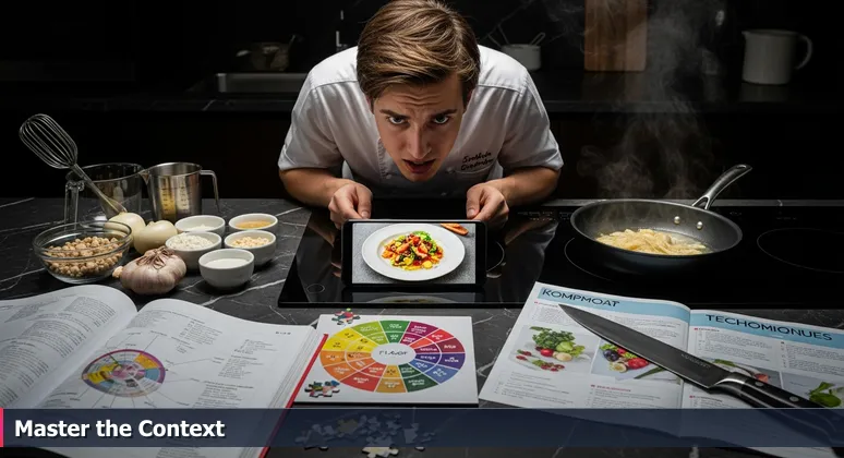 A kitchen counter at night with a smartphone displaying a chef's recipe, measured ingredients, and a bland dish, symbolizing the gap between AI skills and operational application in Midland's energy sector.