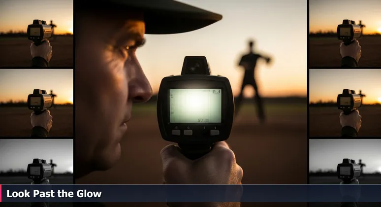 A scout's weathered hand holds a radar gun pointed at a dusty Permian Basin field at sunset, with squinted eyes looking past the glowing screen number.