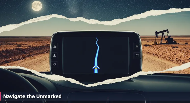 A car's GPS screen displaying a blue route at night, with the dark, rugged roads of the Permian Basin and a pumpjack visible through the windshield.