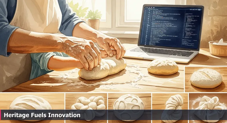 Grandmother and grandchild kneading dough together at a rustic wooden table, with a laptop displaying AI code in the background, symbolizing Midland's blend of traditional wisdom and modern AI startups.