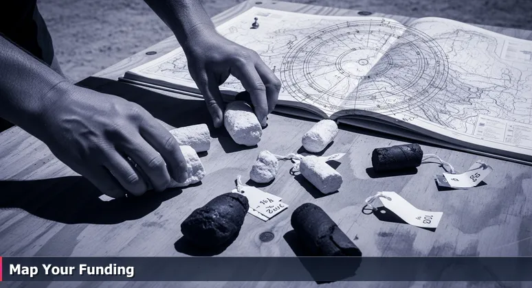Hands arranging geological core samples on a wooden table under Texas sun, with a survey map in the background.