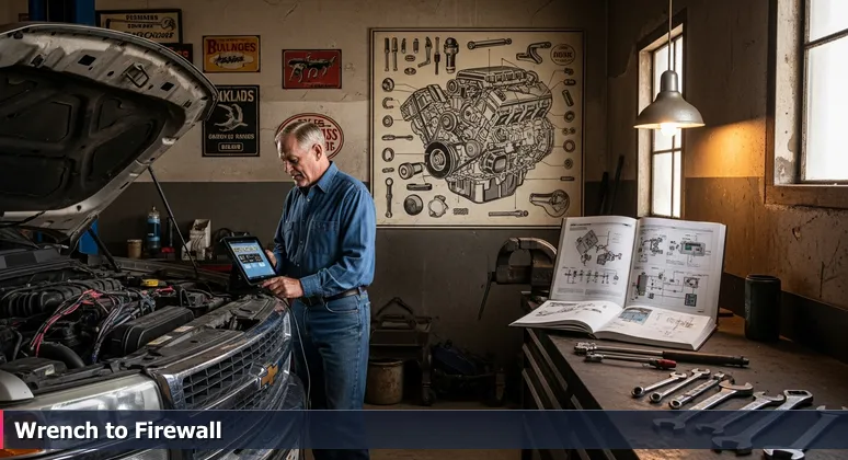 A mechanic in a Midland garage using a digital tablet on a truck engine, symbolizing the shift to cybersecurity roles in West Texas industrial settings.