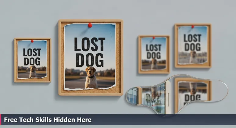 A weathered 'Lost Dog' flyer on a telephone pole in Midland, Texas, with a modern library building reflected in a rain puddle, symbolizing hidden free tech training opportunities.