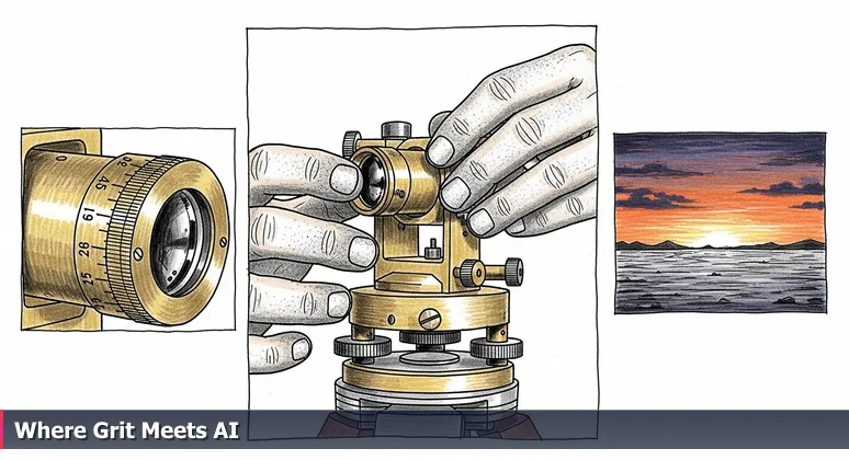 Close-up of weathered, dusty hands calibrating a vintage surveyor's theodolite against the vast Permian Basin horizon at sunset, symbolizing AI's practical role in Midland's industries.