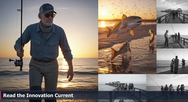 A weathered angler at dawn on the Texas coast, studying the water to find the best fishing spot, symbolizing the search for optimal tech workspaces in Midland's innovation scene.