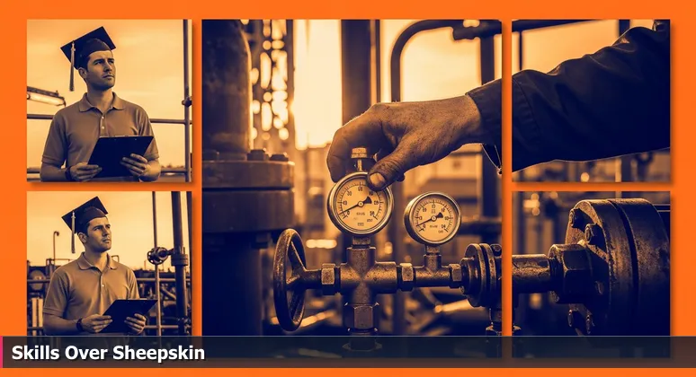 A close-up of a weathered hand adjusting a pressure gauge on an oil rig, symbolizing practical tech skills valued over academic degrees in Midland's 2026 job market.