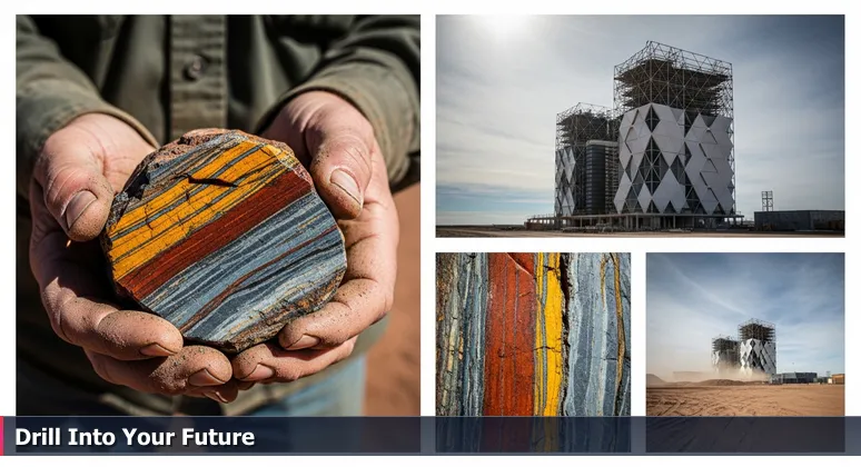 A geologist's weathered hands holding a colorful Permian Basin core sample, with a modern data center under construction in the background, symbolizing tech career opportunities in West Texas.