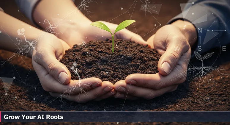 A close-up image of young and weathered hands cupping dark Lubbock soil with a green sprout emerging, symbolizing AI career growth in West Texas