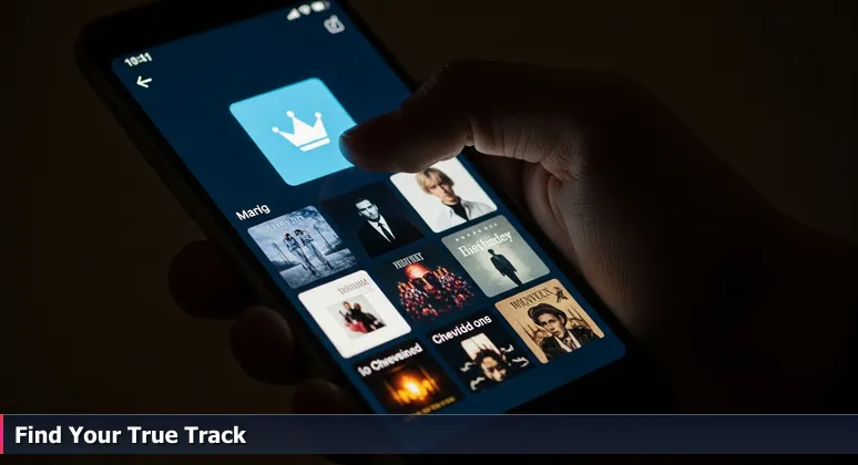 A hand scrolling a smartphone screen showing a Top 10 music playlist, with a reflection of eyes glancing at a Favorites list, symbolizing career choice beyond rankings.