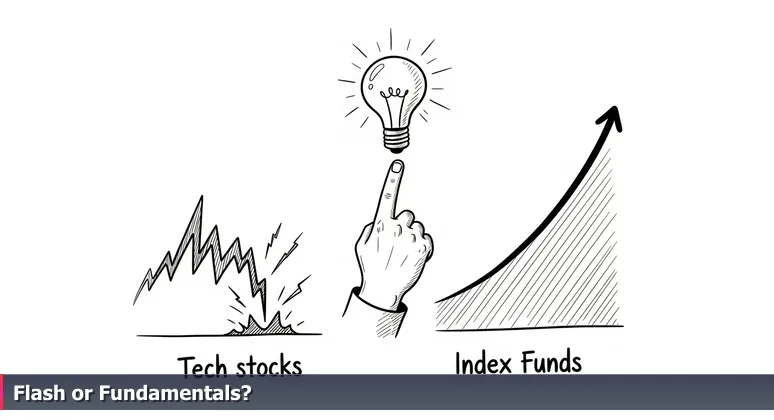 A laptop screen showing two stock charts: one volatile spike and one steady slope, with a finger hovering to choose, symbolizing tech career decisions in Lubbock versus coastal hubs.