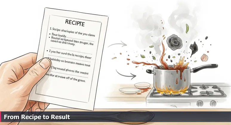 A hand holding a detailed Texas Chili recipe card with a burnt pot in the background, symbolizing the gap between AI theory and practical execution in Lubbock's tech scene.