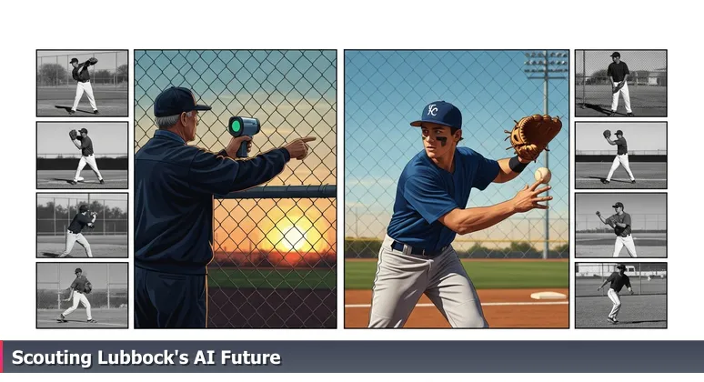 A baseball scout in West Texas sunset peers through a chain-link fence at a young player, symbolizing the search for AI startup potential.