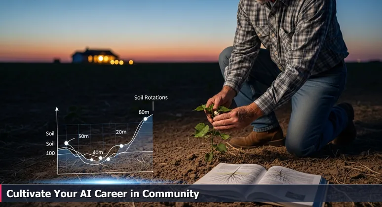 A farmer in Lubbock at dusk examining a cotton plant, with a community meeting lit up in the distance, symbolizing AI networking opportunities.