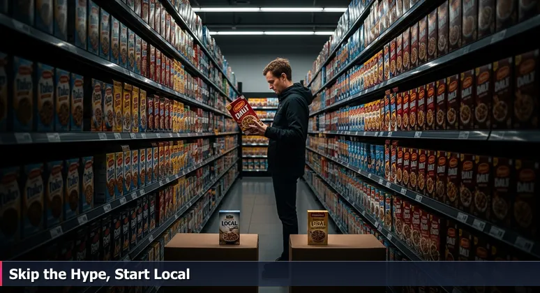 A shopper in a Lubbock grocery store aisle, overwhelmed by cereal box choices, symbolizing the decision-making for tech career starts in 2026.