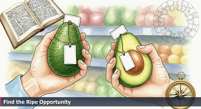 Hands comparing two avocados in a supermarket, symbolizing the real value of tech salaries in Lubbock, Texas, based on affordability and purchasing power.