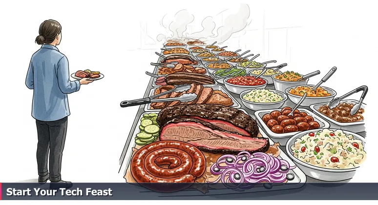 A person looking overwhelmed at a Texas barbecue buffet, symbolizing the choice paralysis in free tech training options in Lubbock.