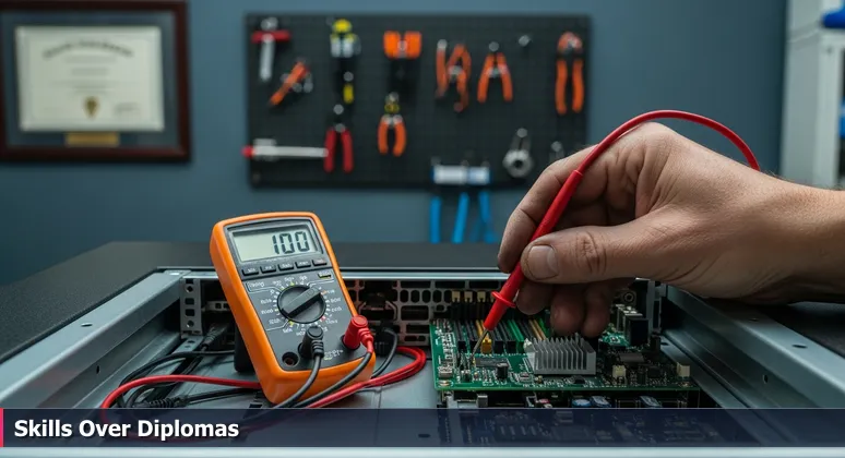 A close-up of a hand using a multimeter on a server circuit board in a data center, with a blurred university diploma on the wall, symbolizing practical skills over formal education.