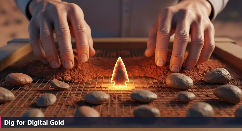 Weathered hands sifting red West Texas soil through a wire screen, revealing a single arrowhead symbolizing hidden tech opportunities in Lubbock for junior developers.