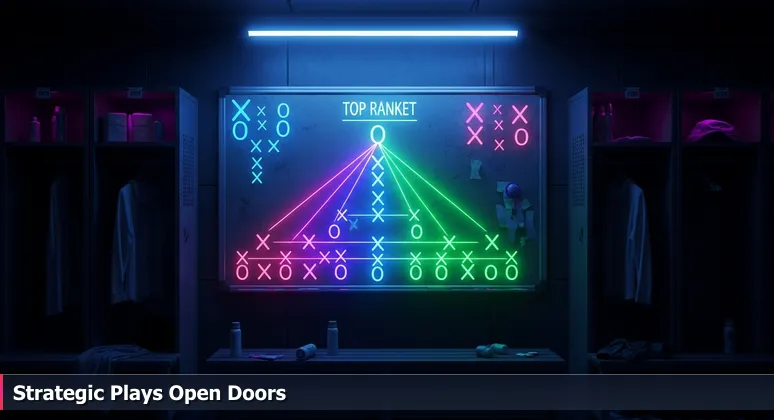 A weathered whiteboard in a locker room with basketball strategy diagrams and notes connecting players' names, symbolizing strategic planning for women in tech.