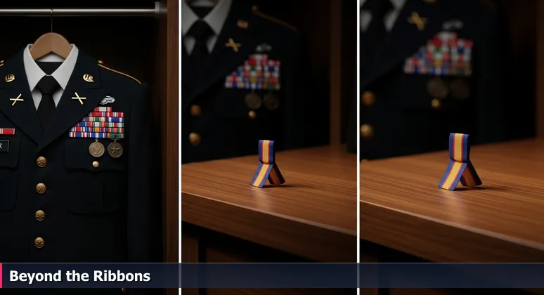 A soldier's formal dress uniform hanging in a closet, left breast adorned with colorful ribbons and medals, with a single small ribbon on a nightstand, symbolizing deeper value in Killeen's tech careers.