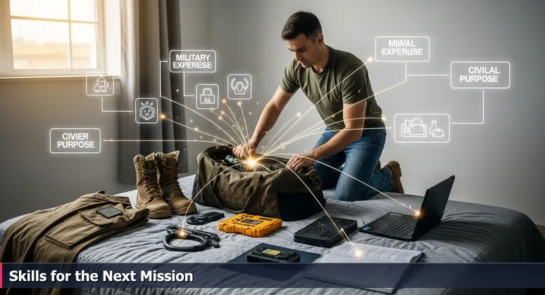 A transitioning soldier unpacking a military duffel bag with tech tools like a laptop and manuals, symbolizing the move to tech careers in Killeen, Texas.