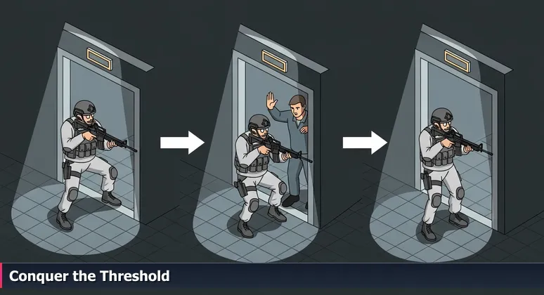 A soldier frozen in a doorway during room-clearing training at Fort Cavazos, symbolizing the high-stakes moment of applying AI skills in Killeen's tech ecosystem.