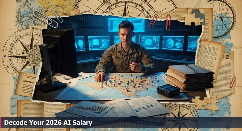 A focused intelligence officer in a dim operations center, analyzing a map of Central Texas with glowing monitors, symbolizing AI salary analysis for Killeen.