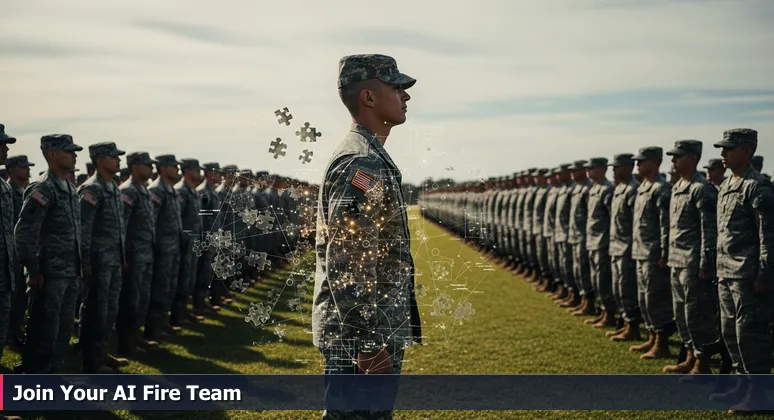 A split-image showing a soldier isolated in a Fort Cavazos formation on the left, contrasted with AI professionals networking at a Killeen coffee shop on the right, symbolizing the shift from solitude to community in tech.